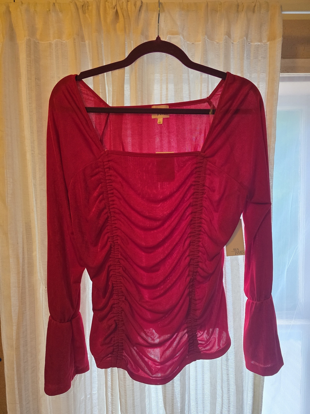 Ava James Red Ruched Square-Neck Long Sleeve Top